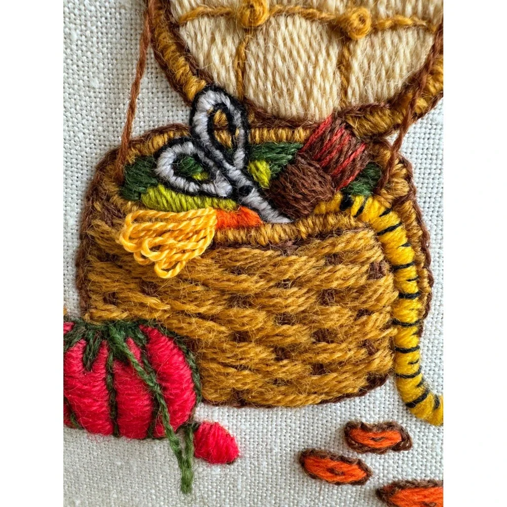 Vintage Framed Crewel Embroidery‎ Art Grandmacore Sewing Room Basket Handmade